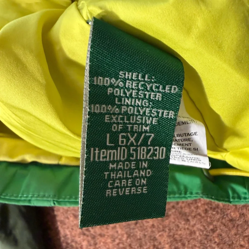 B+ LL Bean Kids Green Yellow Colorblock Rain Jacket Shell Size 6X/7 518230